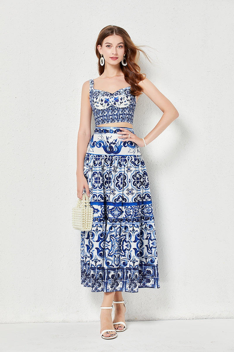 
                  
                    Women Summer Blue And White Porcelain Printing Stitching Three-Dimensional Strapless Skirt Two Piece Set With Chest Pad
                  
                