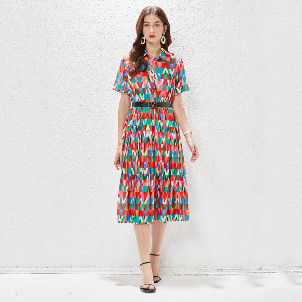 
                  
                    Women Spring Summer and Autumn New Lapel Half placket Color Letter V Short sleeved Dress Women Elegant Mid length Dress with Loosening Waist
                  
                