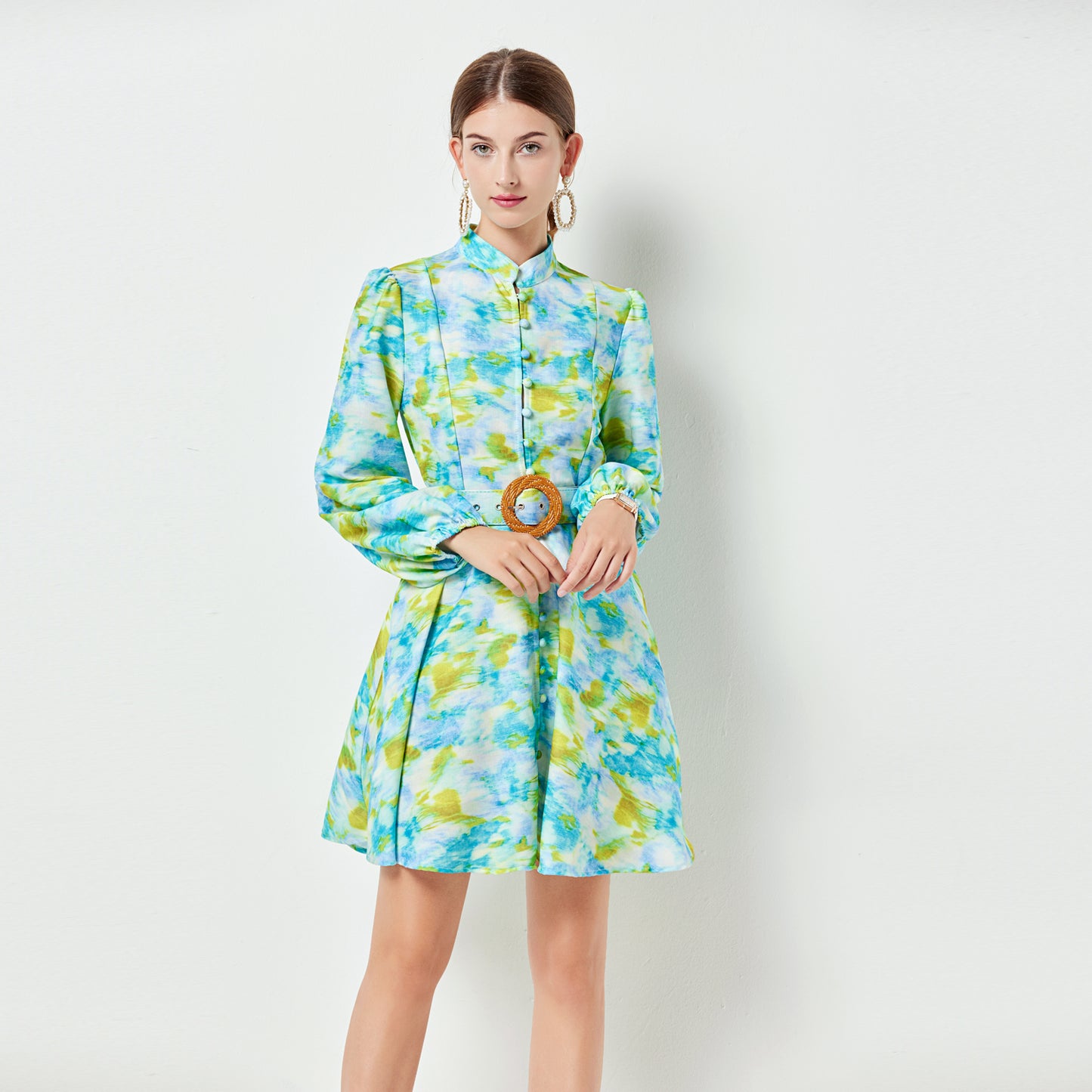 
                  
                    Women Spring and Summer New Green Printed Single breasted Dress with Vertical Collar Large Swing Pocket Holiday Dress A line Swing Dress
                  
                