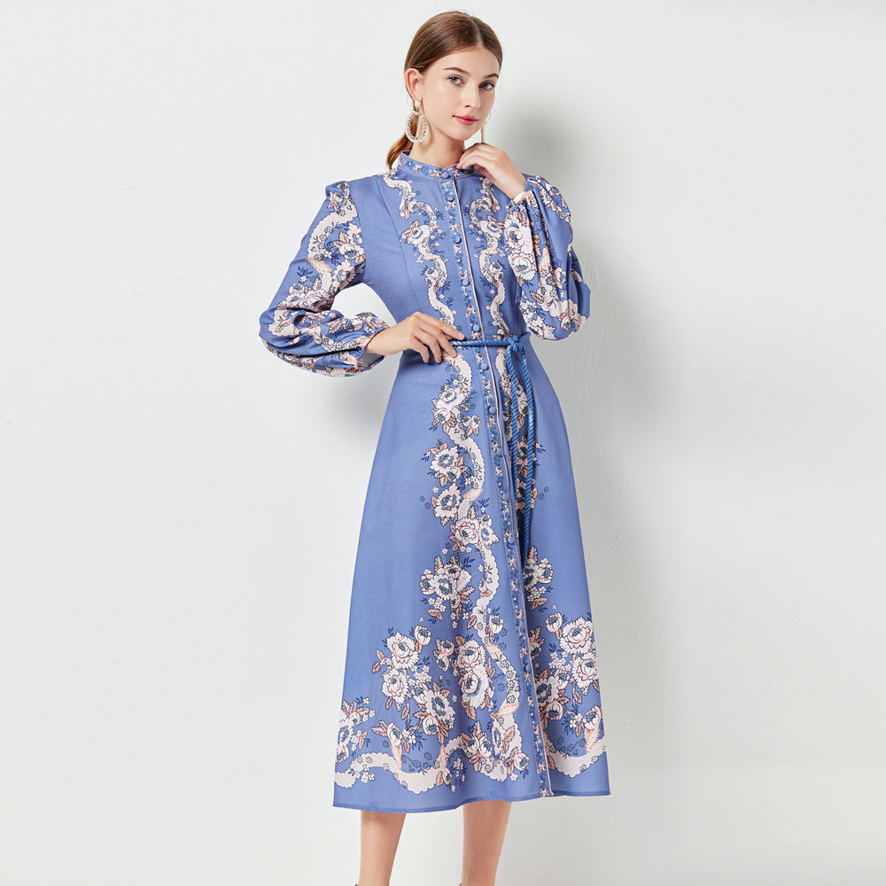 
                  
                    Women Spring and Summer Women Positioning Printed Single Breasted Belt Dress Lantern Sleeve Pocket Mid Length Dress
                  
                