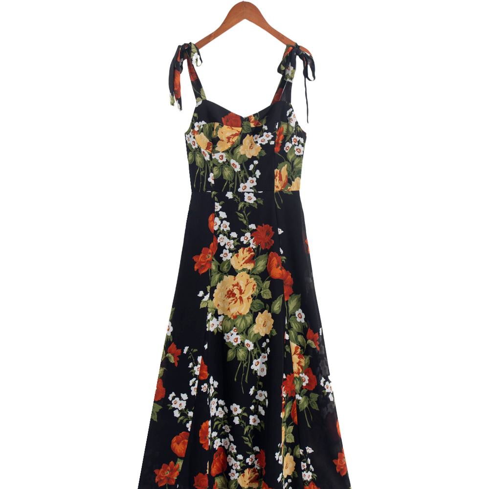 
                  
                    Spring Floral Printed Sexy Slim Fit Slimming Lace Up Bow Suspenders Mid Length Dress
                  
                