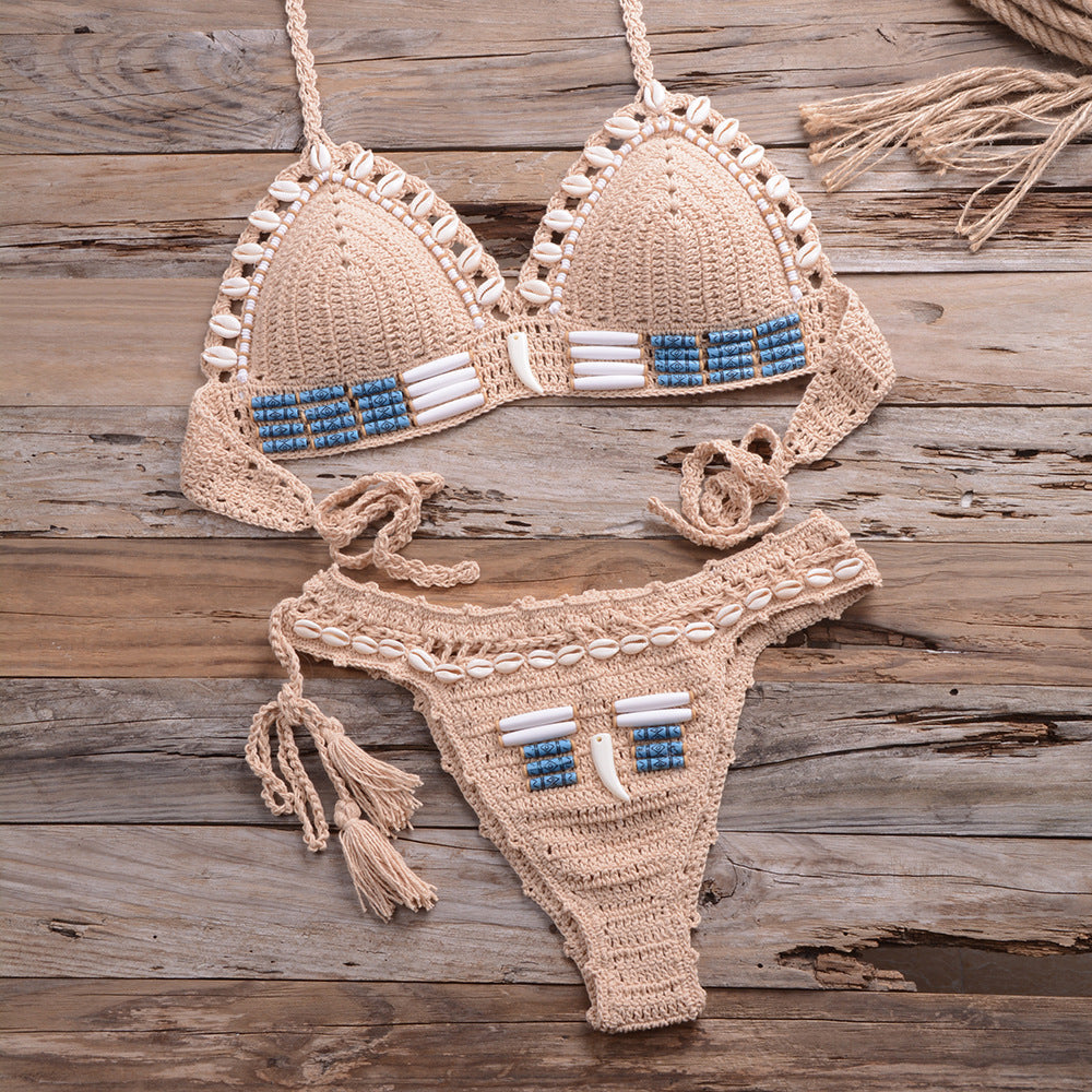 
                  
                    Bikini Women Hand-Knitted Retro Bohemian String Shell Split Swimsuit
                  
                