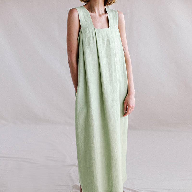 
                  
                    Ramie Sleeveless Maxi Dress Spring Summer French Design Loose Linen Cotton Linen Square Collar Cami Dress
                  
                