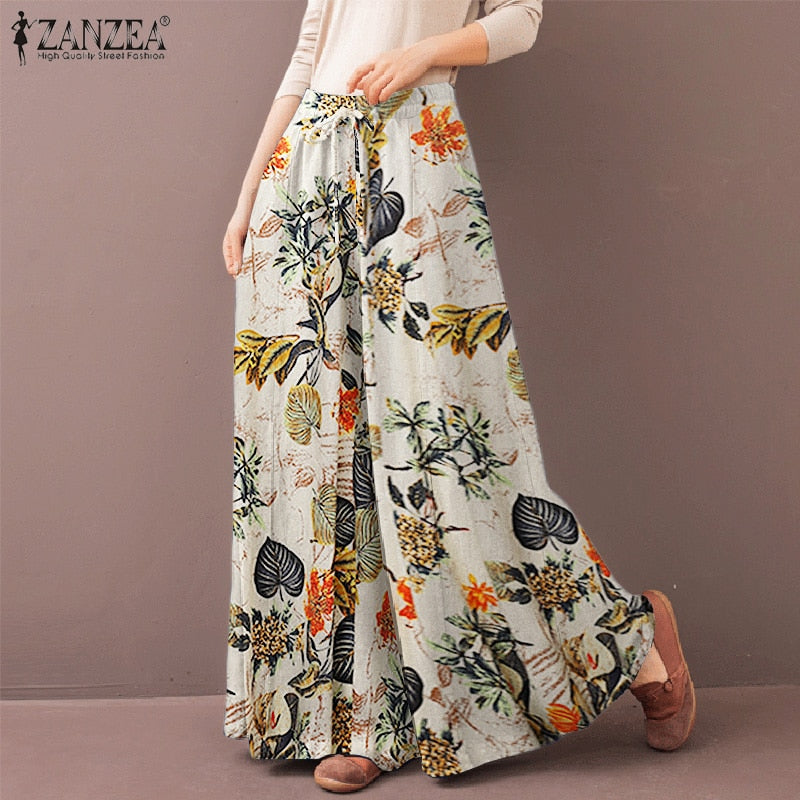 Women's Wide Leg Trousers ZANZEA 2023 Kaftan Printed Pants Elastic Waist Long Pantalon Palazzo Casual Floral Turnip Oversized - K&F