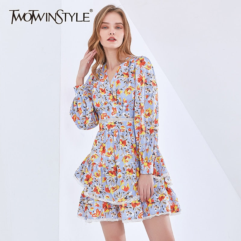 
                  
                    TWOTWINSTYLE Elegant Patchwork Ruffle Dress For Women V Neck Long Sleeve High Waist Print Dresses Female Fashion New Clothing - K&F
                  
                