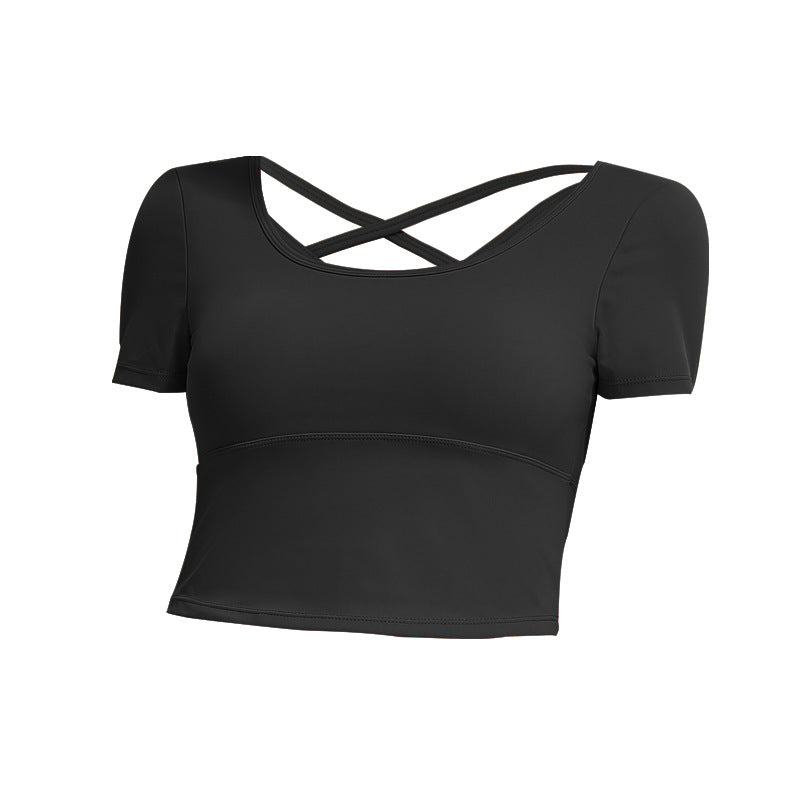 
                  
                    Short Sports Short Sleeved T shirt Women Running Belt Chest Pad Criss Cross Beauty Back Yoga Vest Tight Fitness Top
                  
                