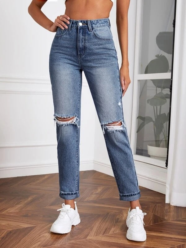 
                  
                    Women Jeans Washed High Waist Ripped Elegant Jeans Trousers Women Popular
                  
                