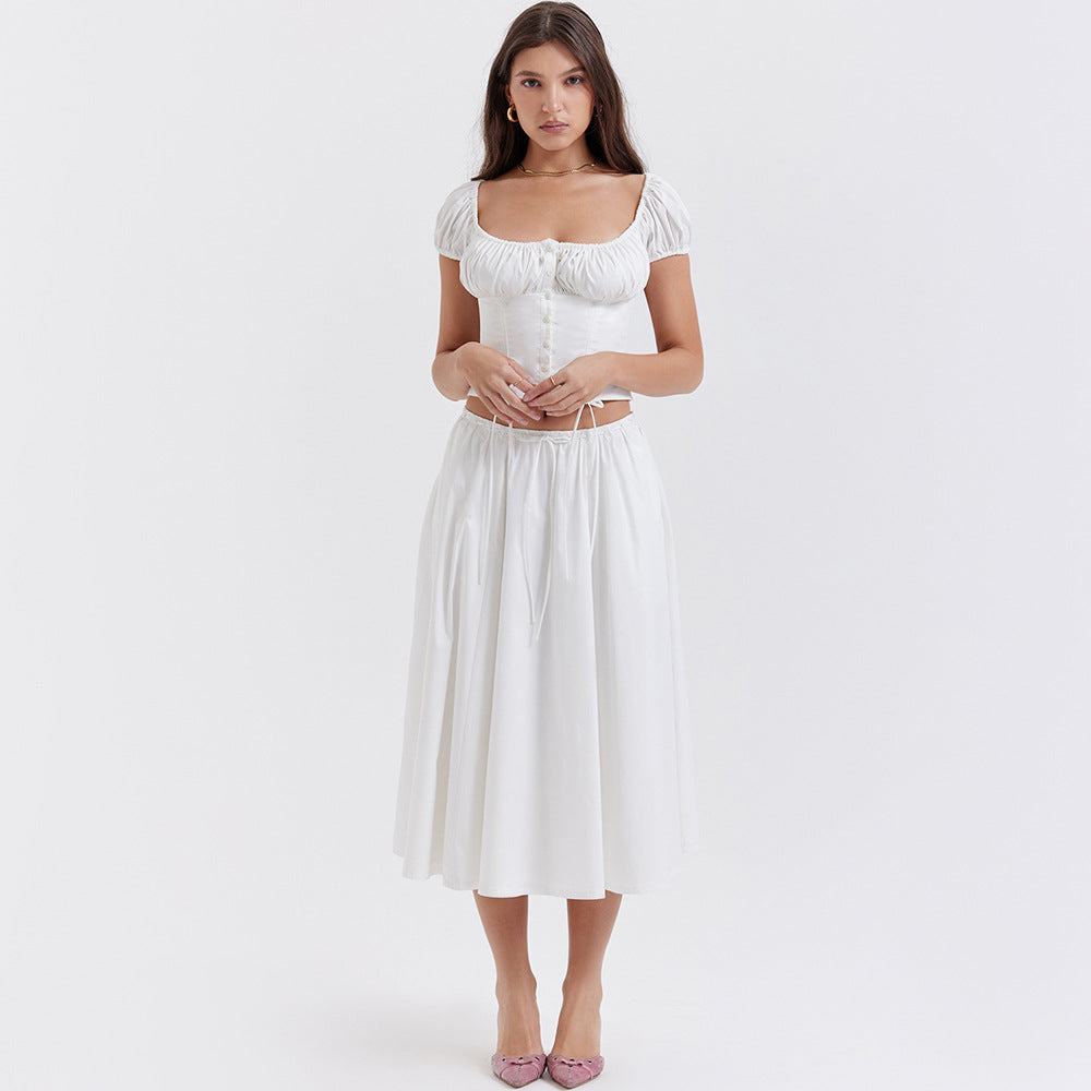 
                  
                    Women Clothing Square Collar Puff Sleeve Short Cropped Top Skirt Sexy Short Sleeve Women Two Piece Set
                  
                