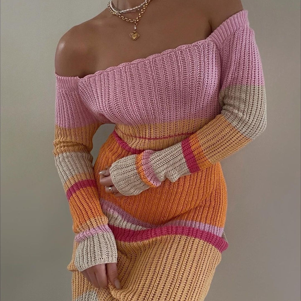 
                  
                    Long Contrast Color Off Neck Off The Shoulder Hollow Out Cutout Out Beach Long Sleeve Knitted Striped Dress Women
                  
                