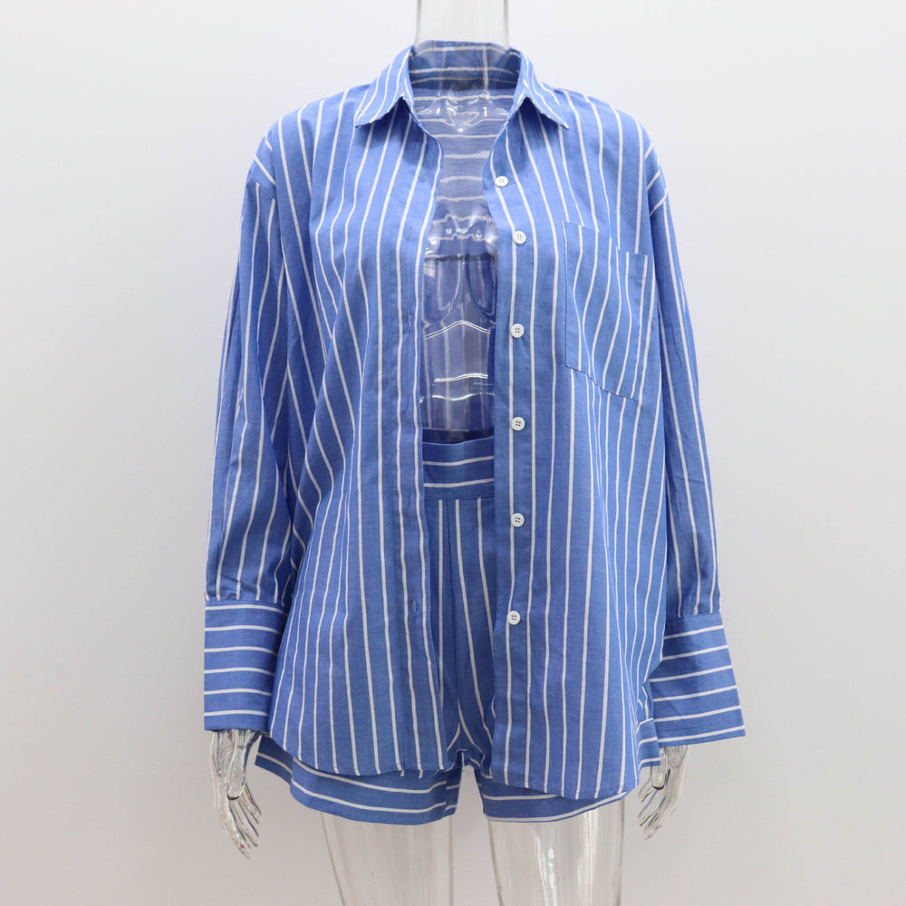 
                  
                    Cotton Shirt Shorts Two Piece Set Summer Striped Shirt Long Sleeve Loose Casual Women
                  
                