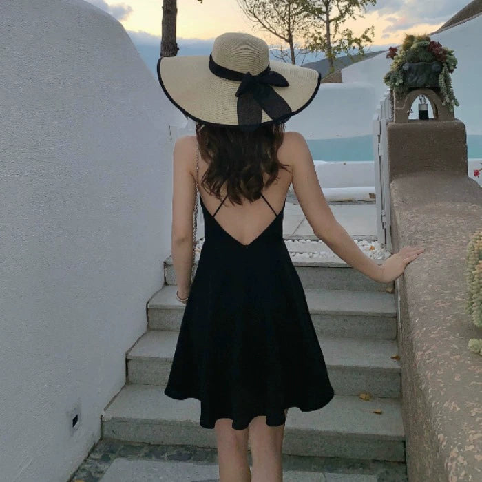 Scheming Hepburn Style Backless Seaside Vacation Black Dress