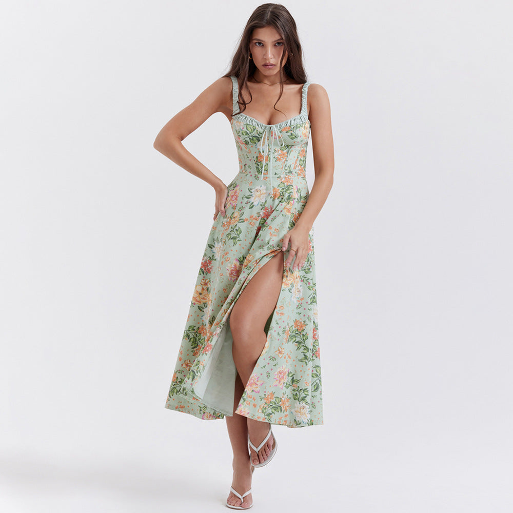 
                  
                    Summer Women Clothing Floral Slip Dress Sexy Backless Slit Mid Length Vacation Dress for Women
                  
                