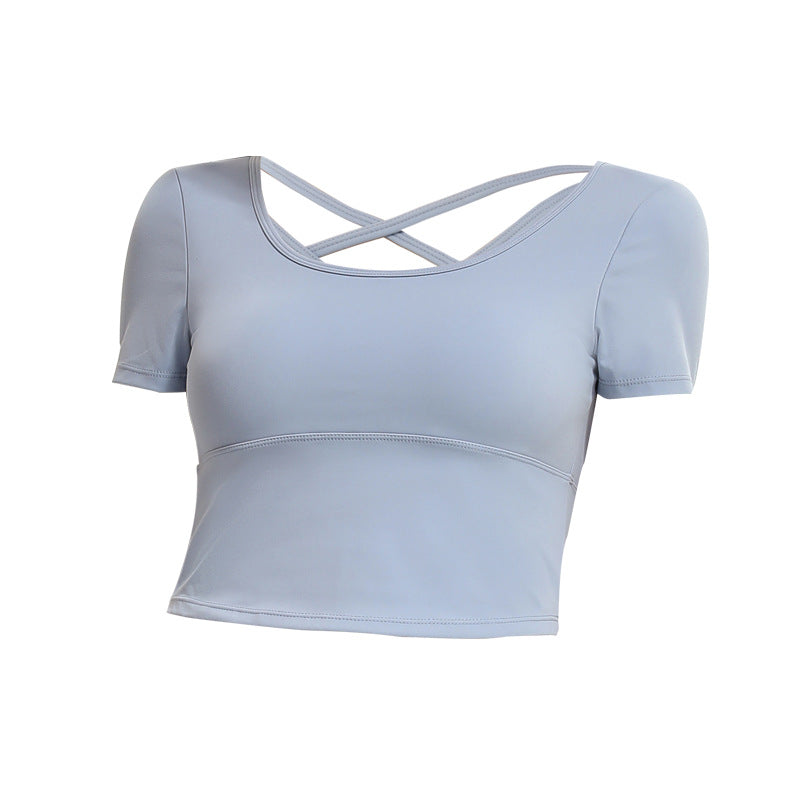 
                  
                    Short Sports Short Sleeved T shirt Women Running Belt Chest Pad Criss Cross Beauty Back Yoga Vest Tight Fitness Top
                  
                