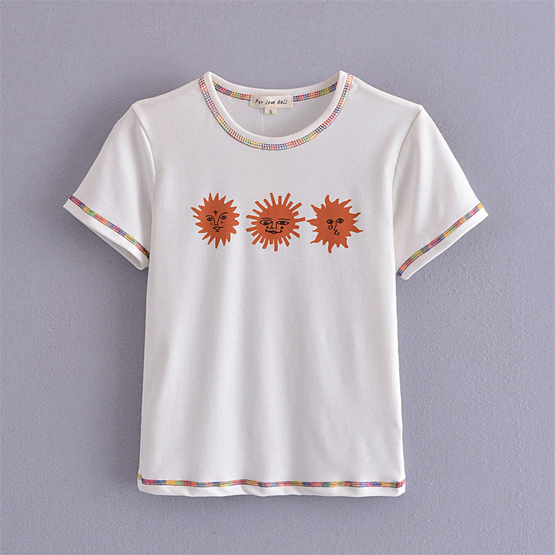 
                  
                    Cute Smiley Face Women Clothing Spring New Sun Color Piping Printed T-shirt Short Top Graphic
                  
                