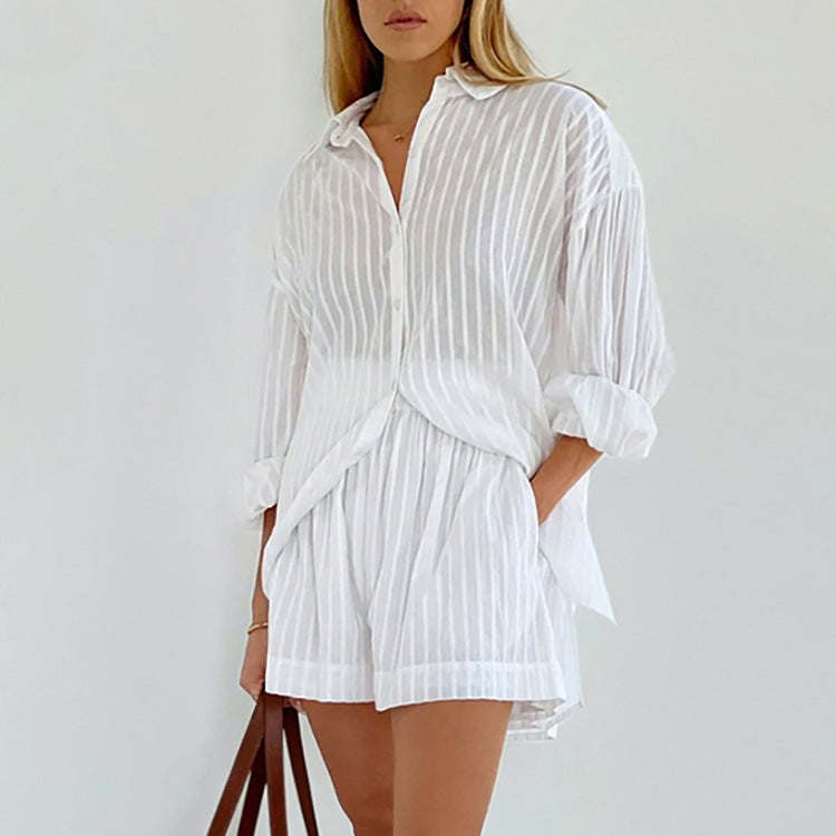 
                  
                    French Hot Summer Women Striped Puff Sleeve Fashion Tops Loose High Waist Shorts Design Casual Suit
                  
                