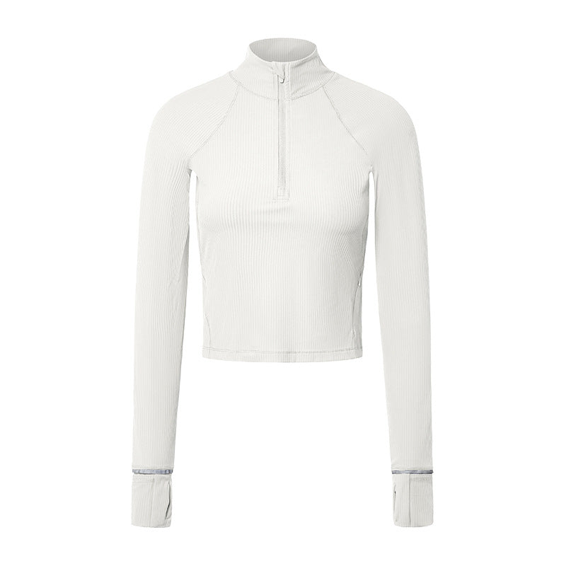 
                  
                    Vertical Stripe Rib Zero Sense High Elastic Reflective Stripe Sports Jacket Women Short Half Zipper Yoga Long Sleeve
                  
                