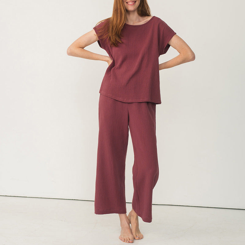 
                  
                    Simple Pajamas Summer Double Layer Cotton Yarn Skin Friendly Solid Color Two Piece All Matching Home Wear for Women
                  
                