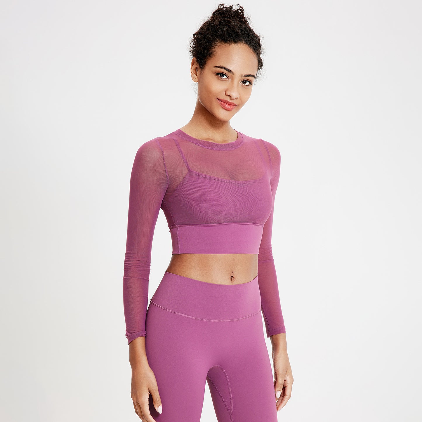 
                  
                    Sexy Mesh round Neck Yoga Clothes Long Sleeve Running Quick Drying Sports Bra One Piece Cup Workout Clothes Top
                  
                