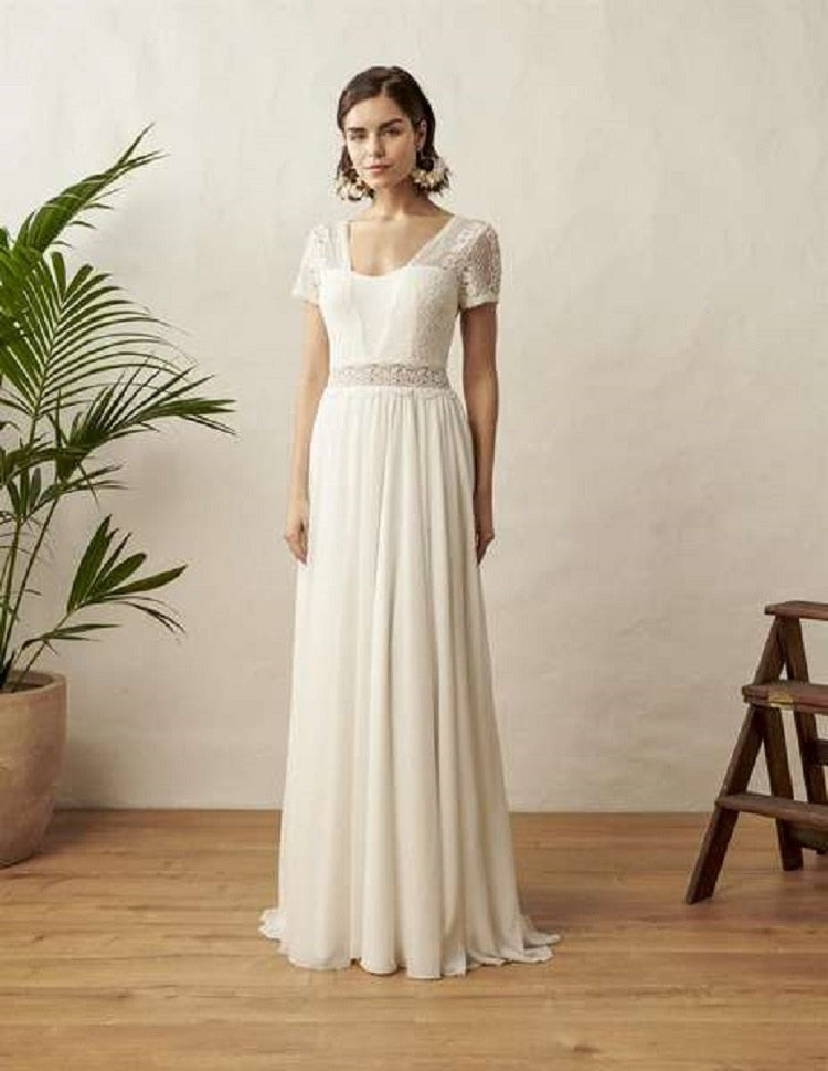 
                  
                    LSYX Chiffon V-Neck Boho Wedding Dress For Women 2023 Short Sleeves Floor Length Backless Bridal Gown Robe De Marie Custom Made - K&F
                  
                