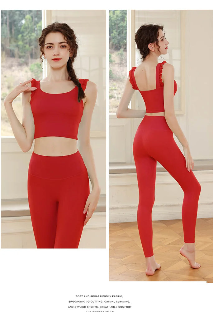 
                  
                    Top Quality Yoga Sets Shockproof Bra With Lotus Hem High Waist Push Up Leggings Two Pieces Sports Suits Activewear Tracksuits
                  
                