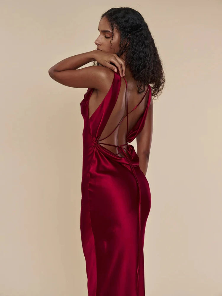 
                  
                    JULISSA MO Satin Backless Bandage Spaghetti Strap V Neck Maxi Dress For Women Sexy Autumn Party Evening Dress 2023 Fashion
                  
                