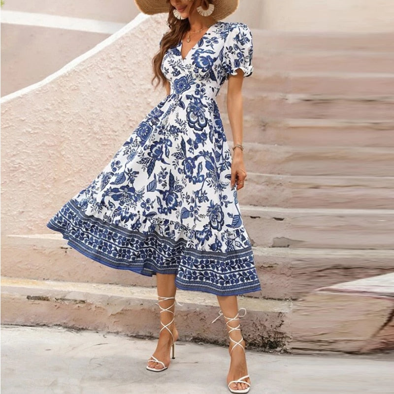 Boho Clothing Women's Midi Dress Short Sleeve Floral Print Elegant Long Dresses for Women 2023 V-neck Casual Holiday Sundress - K&F