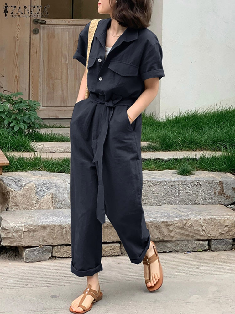 ZANZEA Solid Color Women's Jumpsuit Summer Short Sleeve Turn Down Collar Playsuit Femme Fashion Casual Loose Romper Oversized - K&F