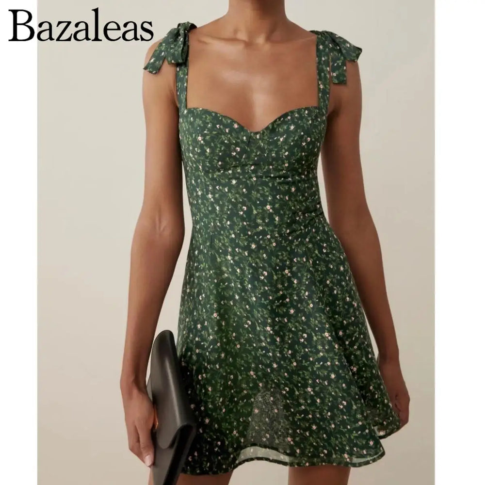 2024 Summer Party Dress Elegant Green Flora Back Elastic Front Mini Dress party dresses