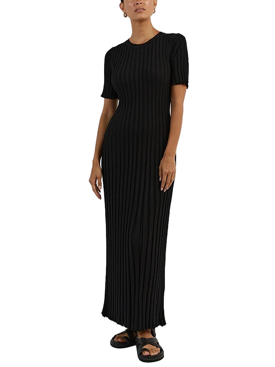 Womens Ribbed Knit Maxi Dresses Round Neck Short Sleeve Bodycon Sweater Dress Slim Fit Long Noodle Dress Party Clubwear