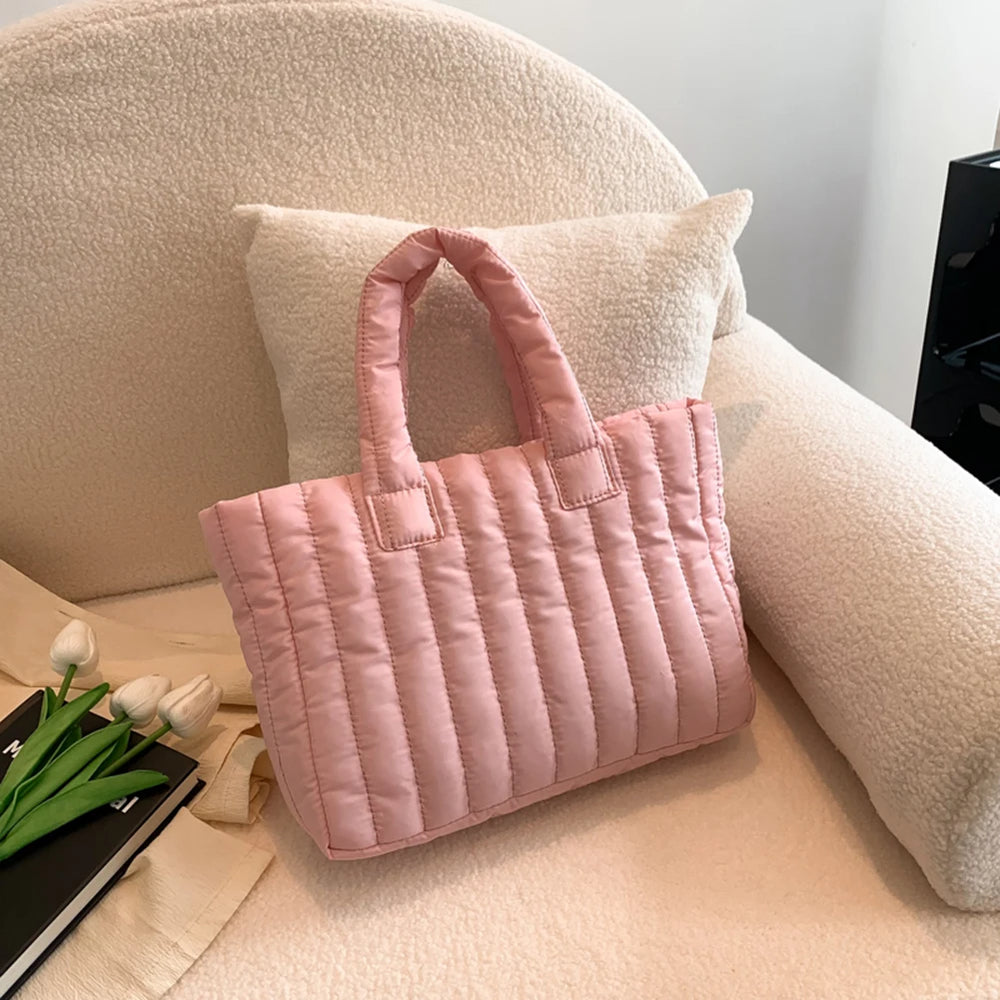 
                  
                    2023 New Pink Ladies Tote Bags Large Capacity Cotton Padded Bag Solid Color Casual Fashion Shoulder Simple Nylon Elegant Bags
                  
                