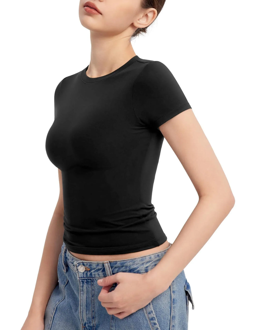 Women's Crew Neck Short Sleeve Tops Double Lined Slim Fit T Shirts Basic Tee Smoke Cloud Pro Collection