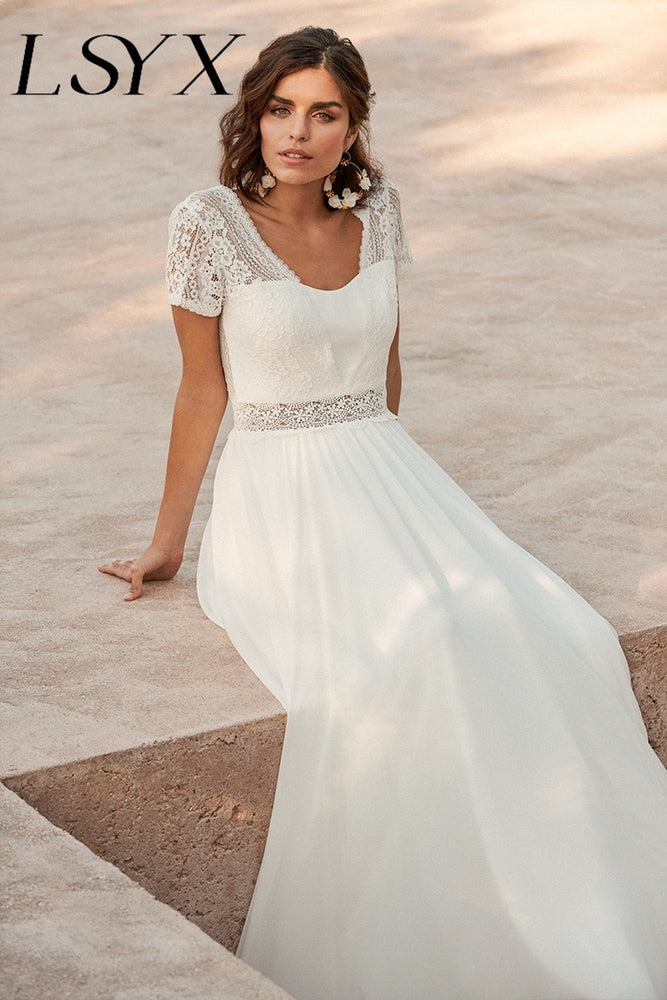 LSYX Chiffon V-Neck Boho Wedding Dress For Women 2023 Short Sleeves Floor Length Backless Bridal Gown Robe De Marie Custom Made - K&F