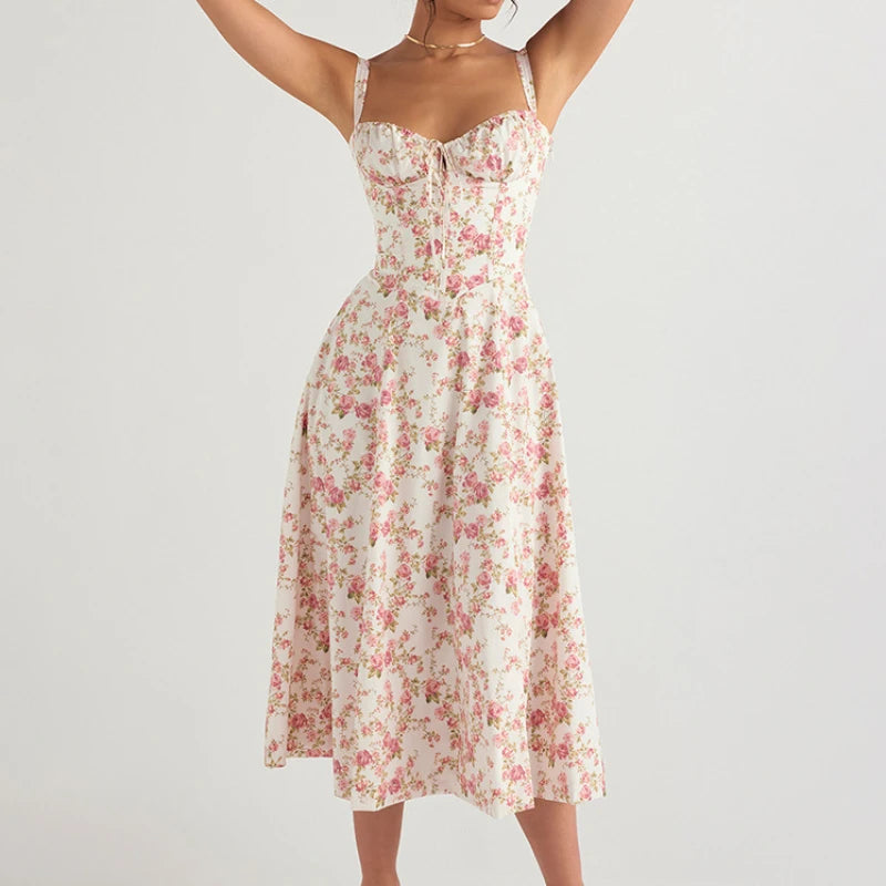 
                  
                    Spaghetti Straps Split Thigh Midi Dress Tie Front Solid Floral Print Sleeveless Vintage A Line Beach Dresses
                  
                