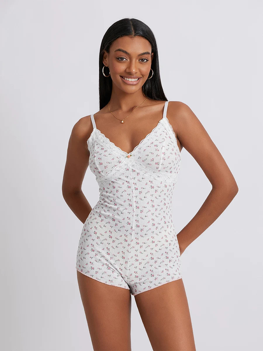 
                  
                    Y2k Sleeveless  Bodysuit V Neck Bodycon Floral Print Shorts Stretchy Pajama Playsuit Rompers Jumpsuit
                  
                