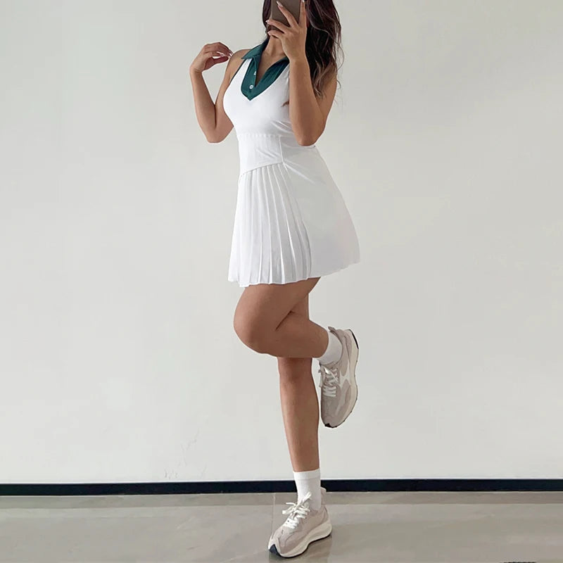 
                  
                    Sean Tsing® Sport Golf Tennis Pleated Dresses Women Sleeveless Turn-down Collar Dress with Padded Shorts Workout Two Piece Suits
                  
                