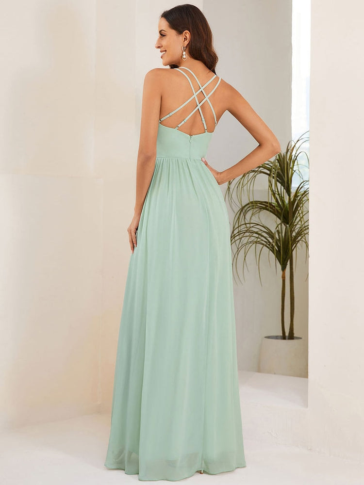Elegant Evening Dress Spaghetti Straps Slit With Ruffle Detail Ever Pretty 2023 of Chiffon A-Line Mint Green Bridesmaid Dress - K&F