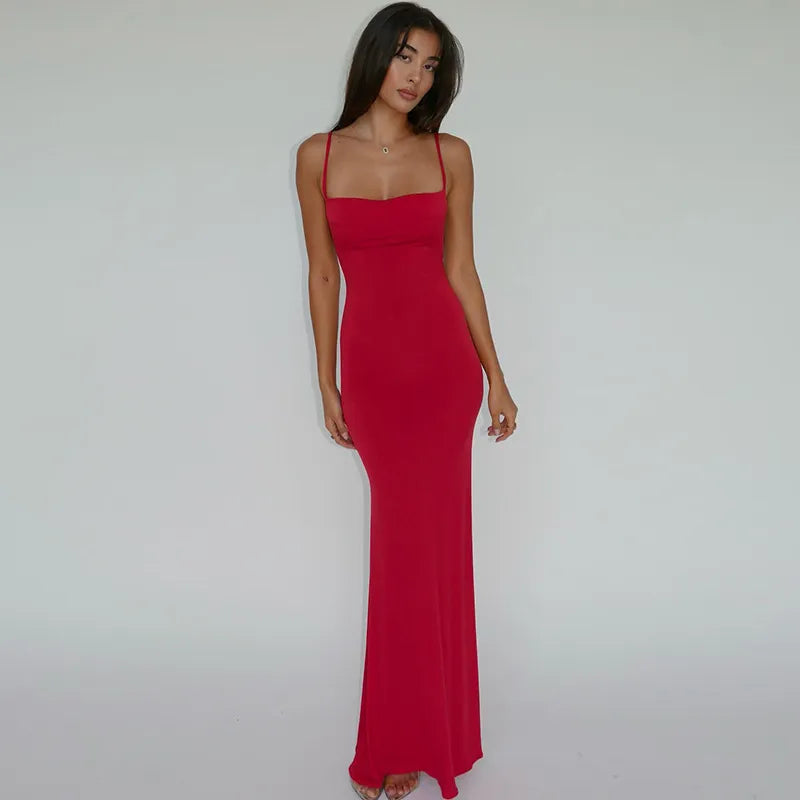 161 red Sexy Backless Sleeveless Slip Maxi Dress for Women Elegant Summer Holiday Beach Sundresses