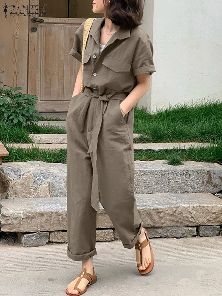 
                  
                    ZANZEA Solid Color Women's Jumpsuit Summer Short Sleeve Turn Down Collar Playsuit Femme Fashion Casual Loose Romper Oversized - K&F
                  
                