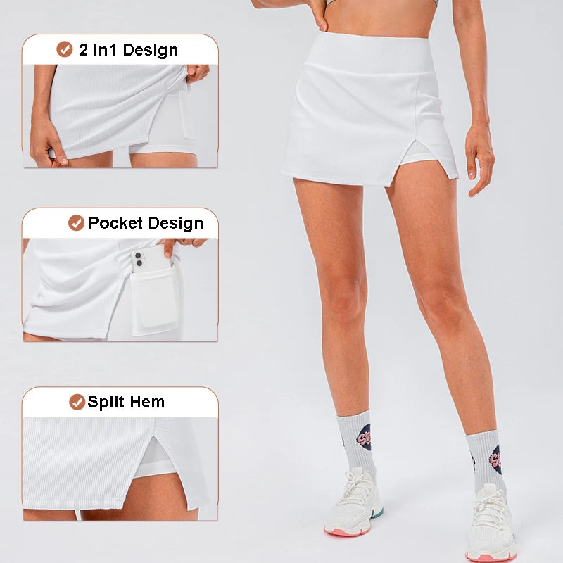 
                  
                    Tennis Skirts Gym Golf Running Ribbing Pantskirt SEXY Women Sports Fitness Shorts High Waist Skort Fashion Side Slit Skirt Sport
                  
                