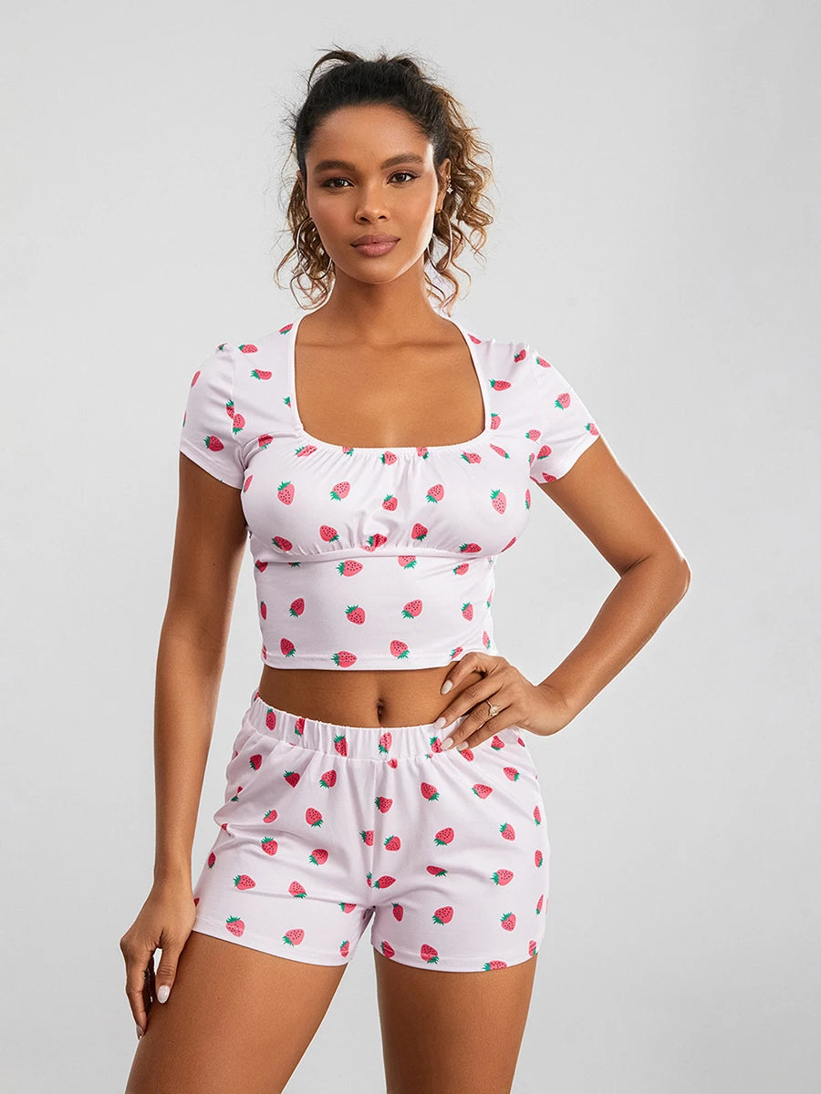 
                  
                    Cute Pajama Set for Women Strawberry Print Short Sleeve Square Neck T-shirt with Shorts Sleepwear Loungewear
                  
                