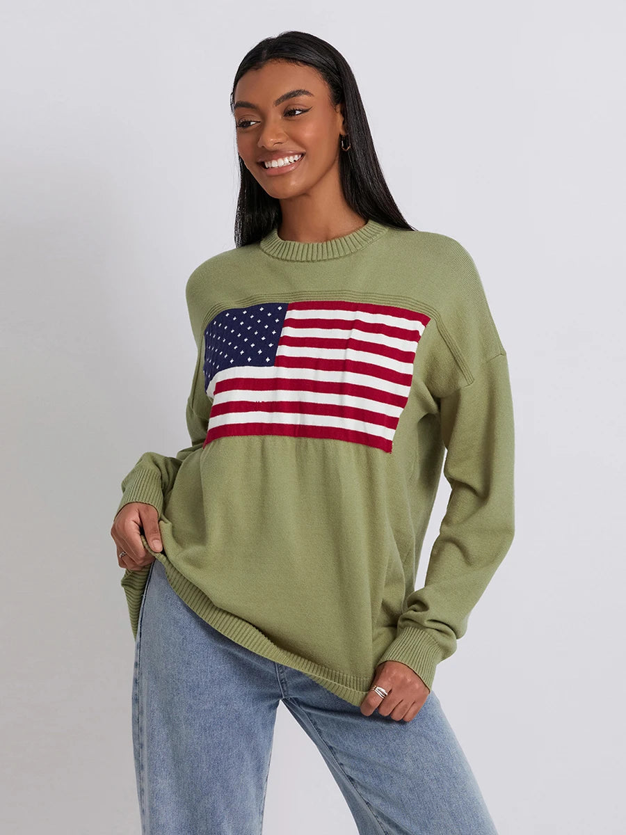 
                  
                    Women s Flag Pattern Long Sleeve Round Neck Sweater Casual Loose Pullover Sweater
                  
                