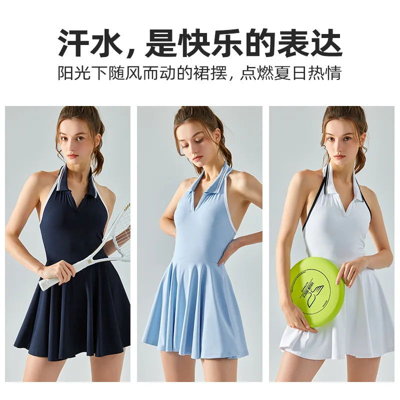 
                  
                    Women's Halter Neck Contrast Lapel Sports Dress with Chest Pads, Yoga Vest, Fake Two Anti-Walk Tennis Skirts, New
                  
                