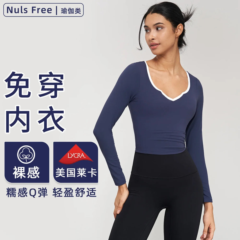 NUF-Contrasting V-neck Yoga Suit with Long Sleeves and Chest Pads, Tight Fitting Short Hem, Fitness Suit, Autumn