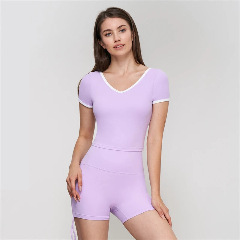 
                  
                    Collision Color Short Sleeve Yoga Shirt Gym Sports Crop Top Women Fitness V-Neck Casual T-Shirt Tight Sportswear With Chest Pad
                  
                