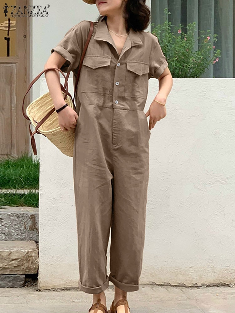 
                  
                    ZANZEA Solid Color Women's Jumpsuit Summer Short Sleeve Turn Down Collar Playsuit Femme Fashion Casual Loose Romper Oversized - K&F
                  
                