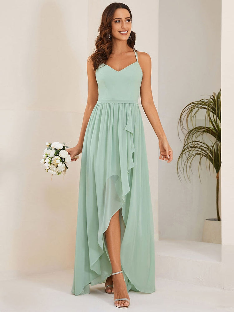 Elegant Evening Dress Spaghetti Straps Slit With Ruffle Detail Ever Pretty 2023 of Chiffon A-Line Mint Green Bridesmaid Dress - K&F