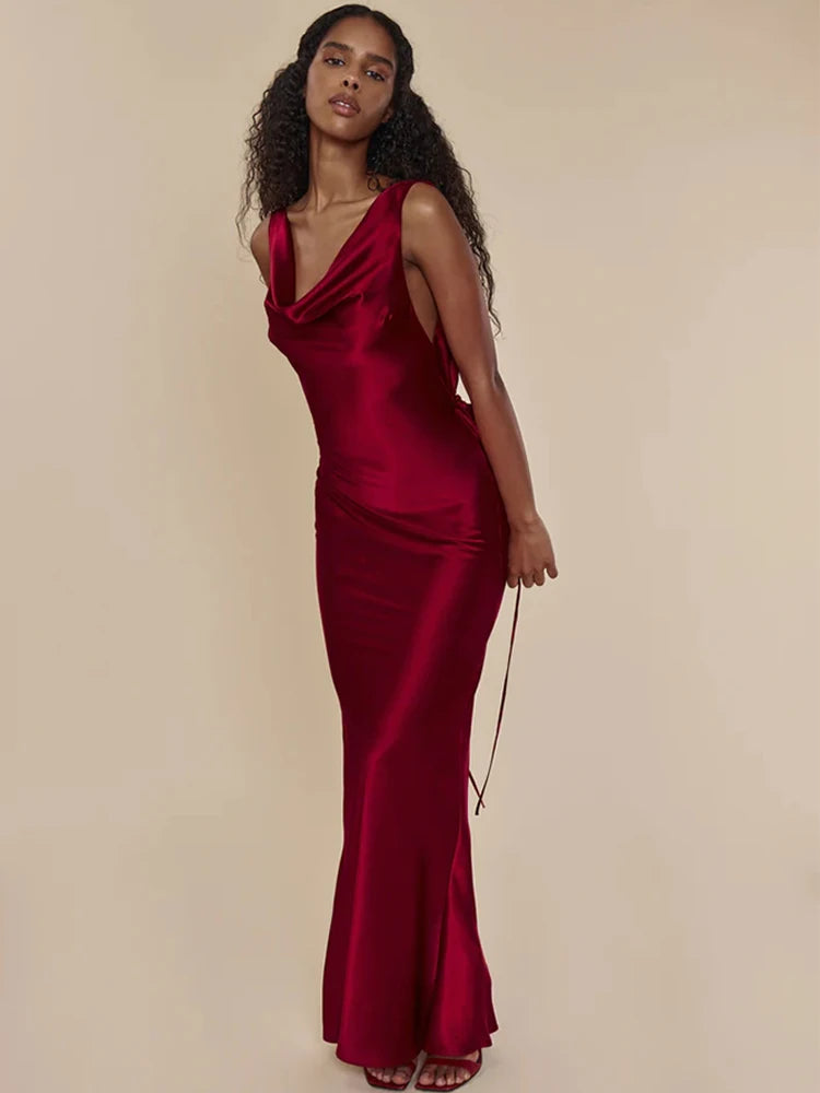 
                  
                    JULISSA MO Satin Backless Bandage Spaghetti Strap V Neck Maxi Dress For Women Sexy Autumn Party Evening Dress 2023 Fashion
                  
                