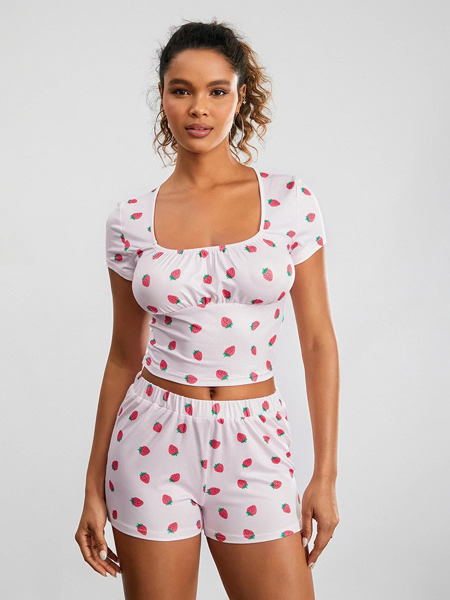 Cute Pajama Set for Women Strawberry Print Short Sleeve Square Neck T-shirt with Shorts Sleepwear Loungewear