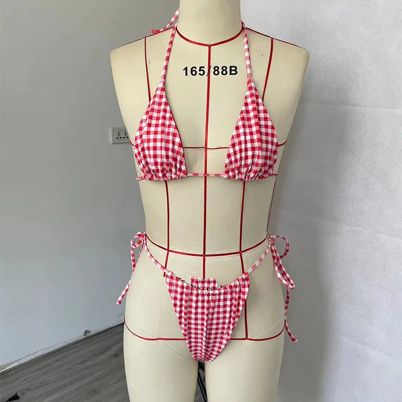 
                  
                    BEACHSISSI-2023 Summer New Sexy Women's Halter Strap Red Plaid Beach Seaside Vacation Bikini Two-piece
                  
                