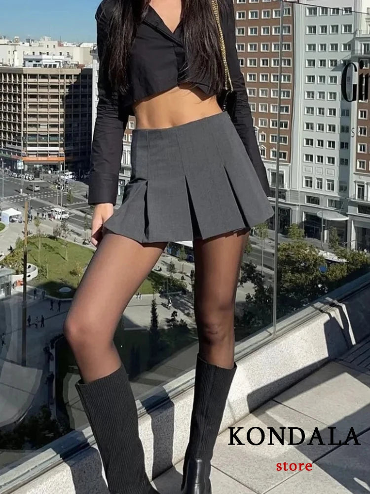 KONDALA Vintage Dark Grey Mini Skirts Women Ruffles Pleated Sexy Shorts Skirts Female Fashion 2023 Streetwear Mujer Faldas